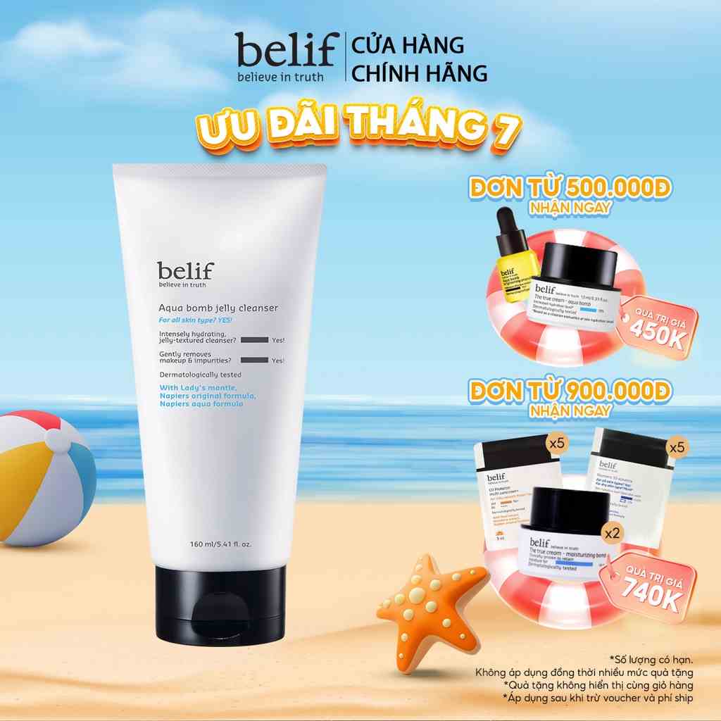 [Mã COSLUX07 giảm 120K đơn 1500K] Gel rửa mặt dạng thạch cấp ẩm sạch sâu belif Aqua Bomb Jelly Cleanser 160 ml