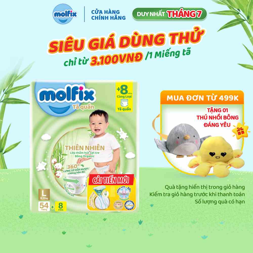 Tã/bỉm quần Molfix Thiên nhiên Super Jumbo L (9kg - 13kg) - Gói 54+8 miếng