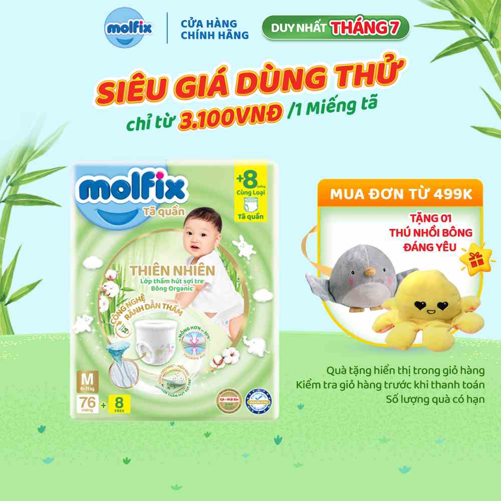 Tã/bỉm quần Molfix Thiên nhiên Ultra M (6kg 11kg) Gói 76+8 miếng