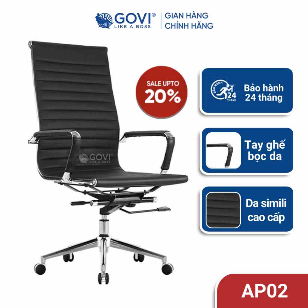 Ghế xoay văn phòng GOVI Apollo AP02 Da Simili Lưng cao, tay ghế làm từ thép mạ crom