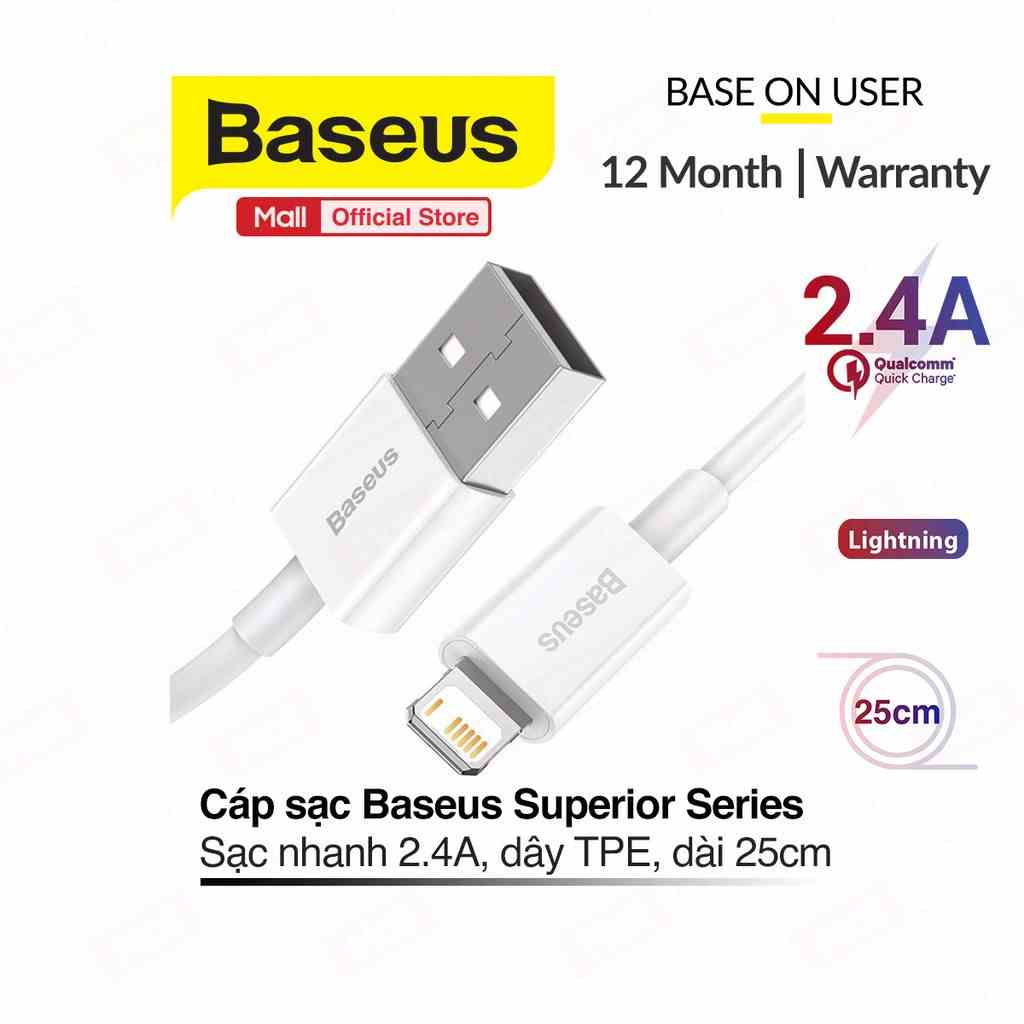 Cáp sạc Baseus Superior Series Lightning USB tốc độ sạc 2.4A,truyền dữ liệu 480Mbps dây nhựa dẻo ABS + TPE, dài 25/100cm