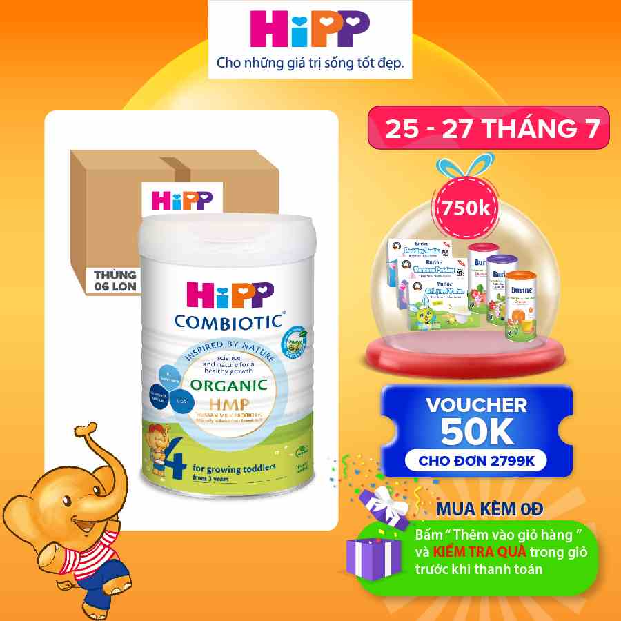 Thùng 6 lon Sữa bột công thức HiPP 4 Organic Combiotic 800g dành cho trẻ từ 3 tuổi (6 lon x 800g)