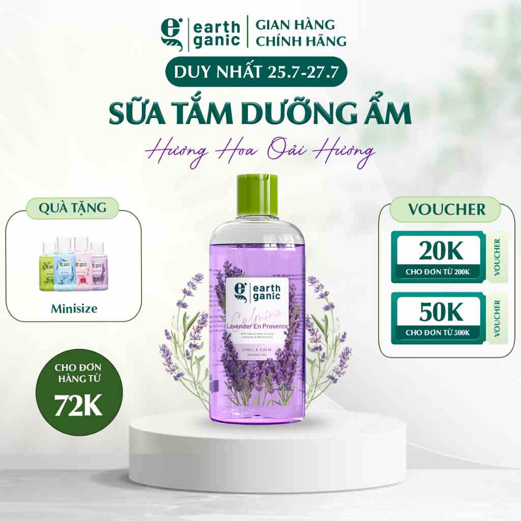 Sữa tắm dưỡng ẩm trắng da Earthganic Hương Oải Hương AHA trắng da thơm lâu, thành phần thiên nhiên