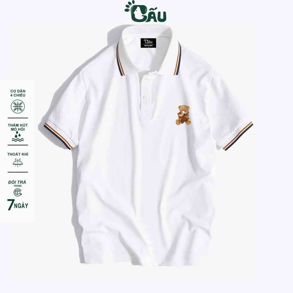 Áo thun Polo GẤU 194 viền vải cá sấu Poly co dãn 4 chiều dày dặn form gerular fit -  Polo In 3 Sọc Gấu Teddy