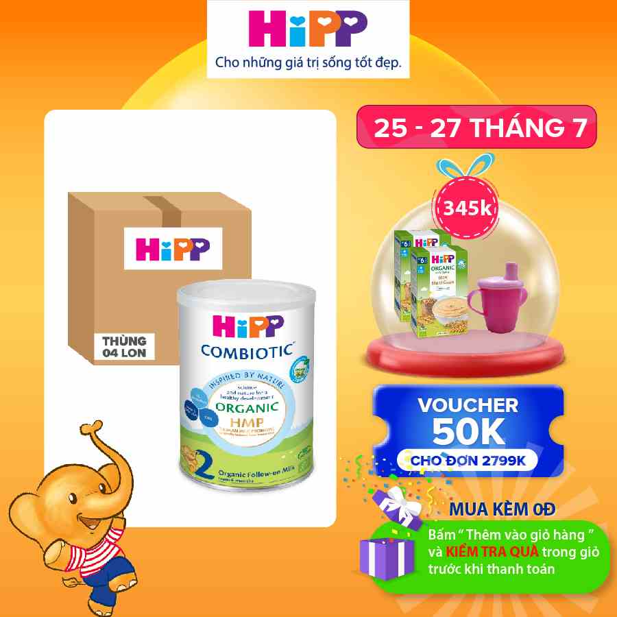 Thùng 4 lon Sữa bột công thức HiPP 2 Organic Combiotic 350g bổ sung DHA trực tiếp (4 lon x 350g)