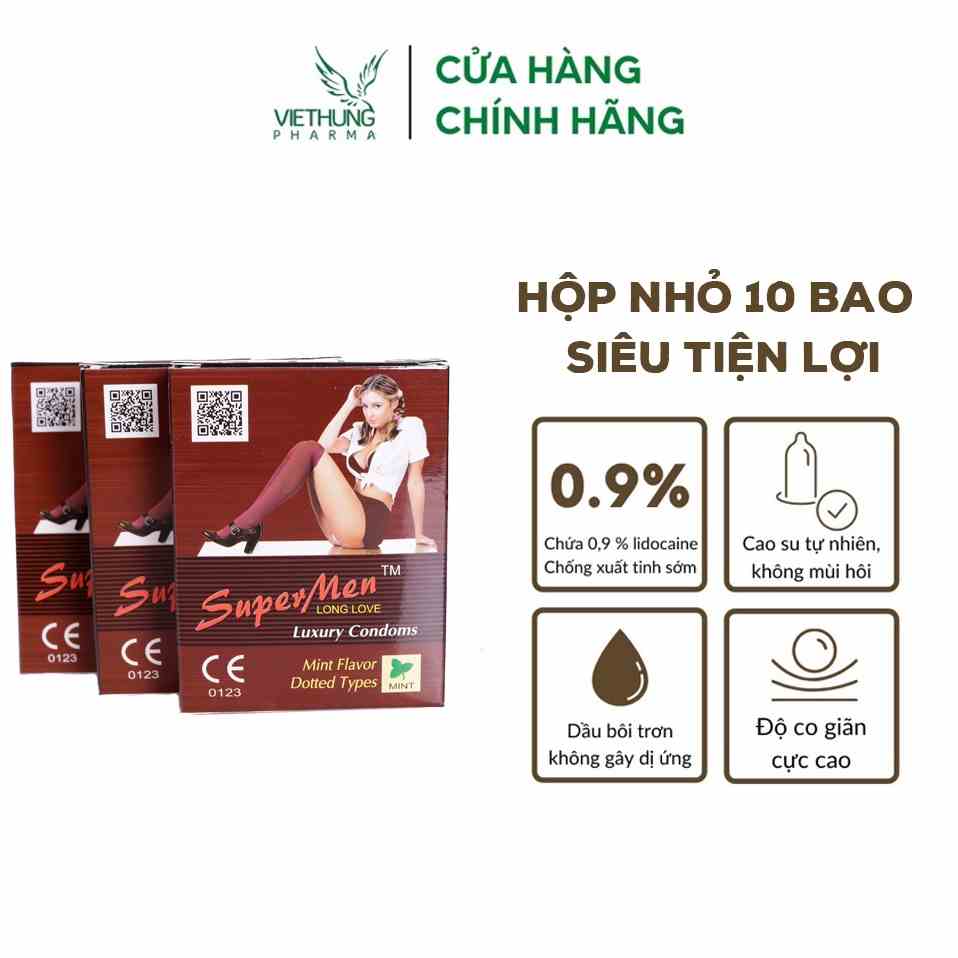 Bao cao su Supermen siêu mỏng, bao cao su bi nhỏ, kéo dài thời gian chống xuất tinh sớm, nhiều gel bôi trơn, hộp 10 bao