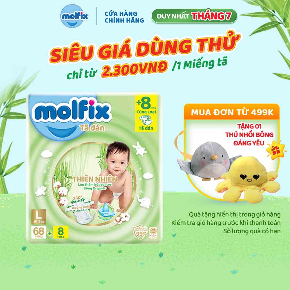 Tã/bỉm dán Molfix Thiên nhiên Super Jumbo L (9kg 13kg) Gói 68+8 miếng