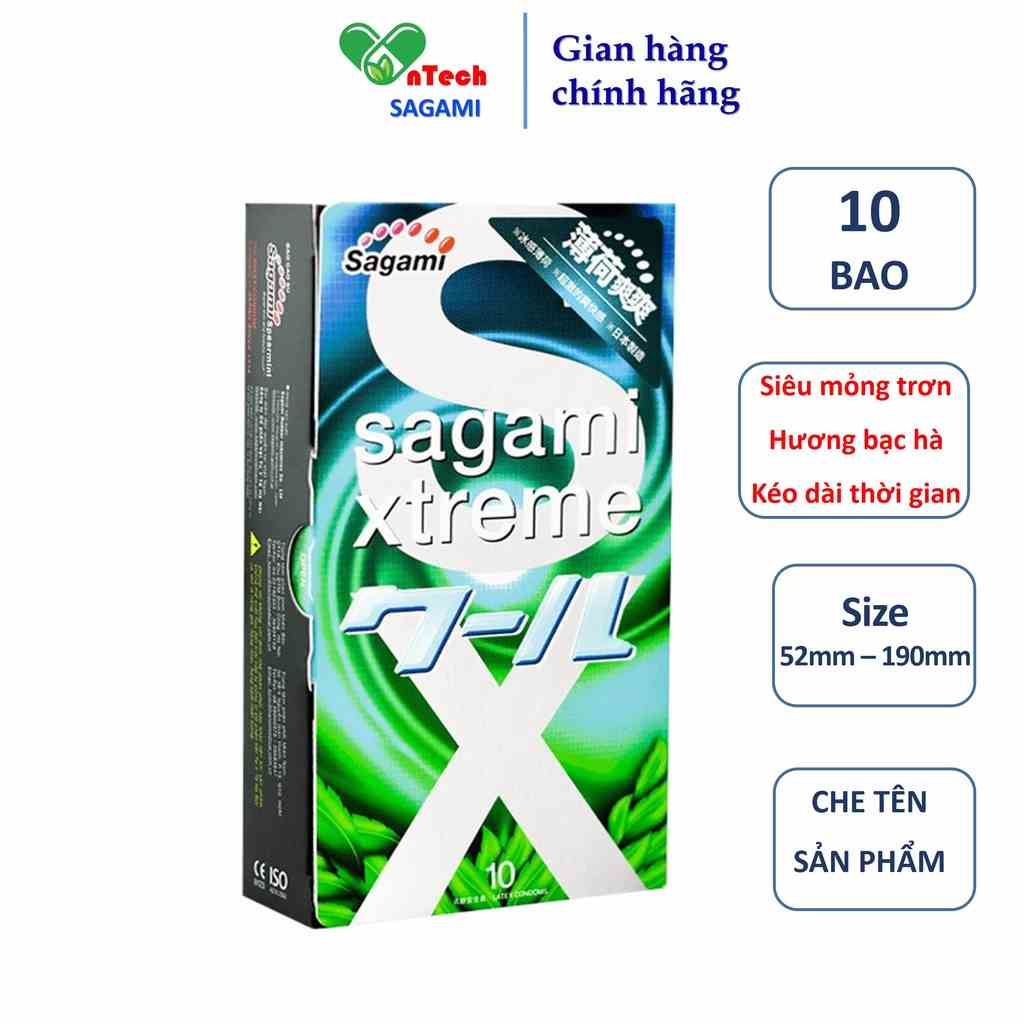 Bao cao su siêu mỏng kéo dài thời gian hương bạc hà Sagami xtreme Spearmint hộp 10 bcs