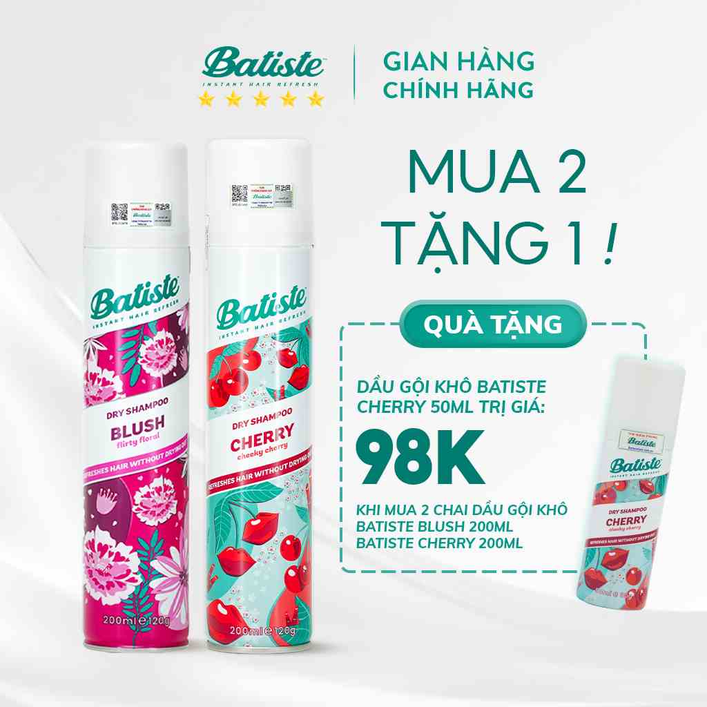 [MUA 2 TẶNG 1] 2 Chai Dầu Gội Khô Batiste 200ML Tặng 1 Chai Dầu Gội Khô 50ML (Blush & Cherry 200ml + Cherry 50ml)