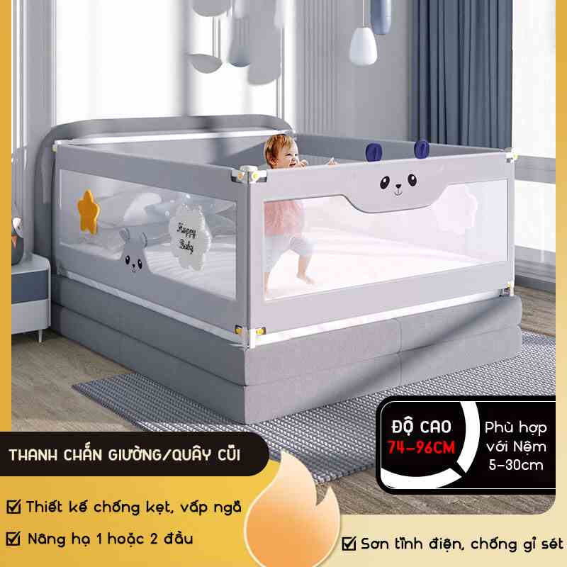 Thanh chắn giường KidAndMom BR02 và BR23 độ cao 75-105cm thiết kế chống kẹt chống vấp ngã, hạ 1 phía, 24 nắc điều chỉnh