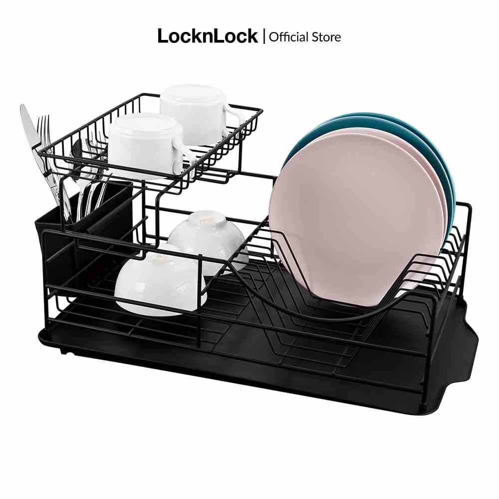 [Mã LIFEMC07CBAU giảm 50k đơn 350k] Kệ chén dĩa 2 tầng bằng sắt Lock&Lock 2 Tier Dish Rack - màu đen - LDR206BLK