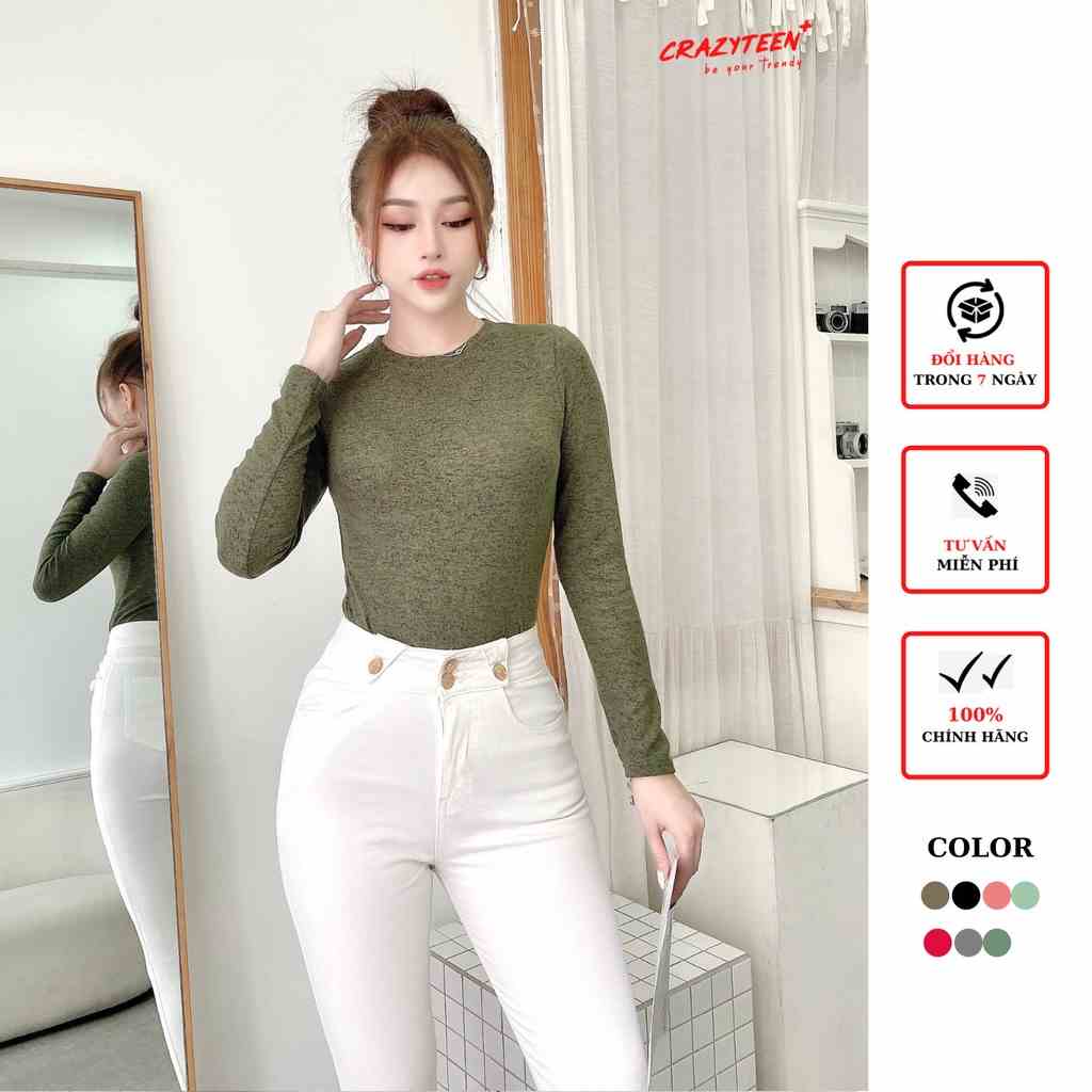 Áo thun tay dài nữ CRAZYTEEN thun mịn co giãn tốt AT0197