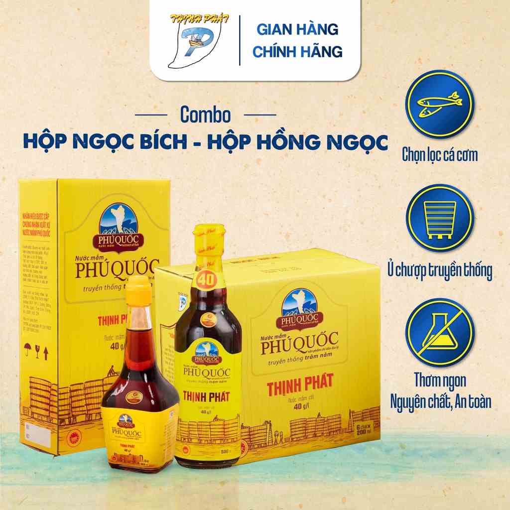 Combo hộp 6c thuỷ tinh 200ml Ngọc Bích 40 độ và hộp 2c thuỷ tinh 500ml Hồng Ngọc 40 độ Thịnh Phát