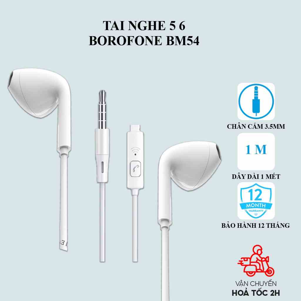 Tai nghe IP Borofone BM54 chân cắm tròn 3,5mm cho IP 5,6 và Android hỗ trợ mic đàm thoại