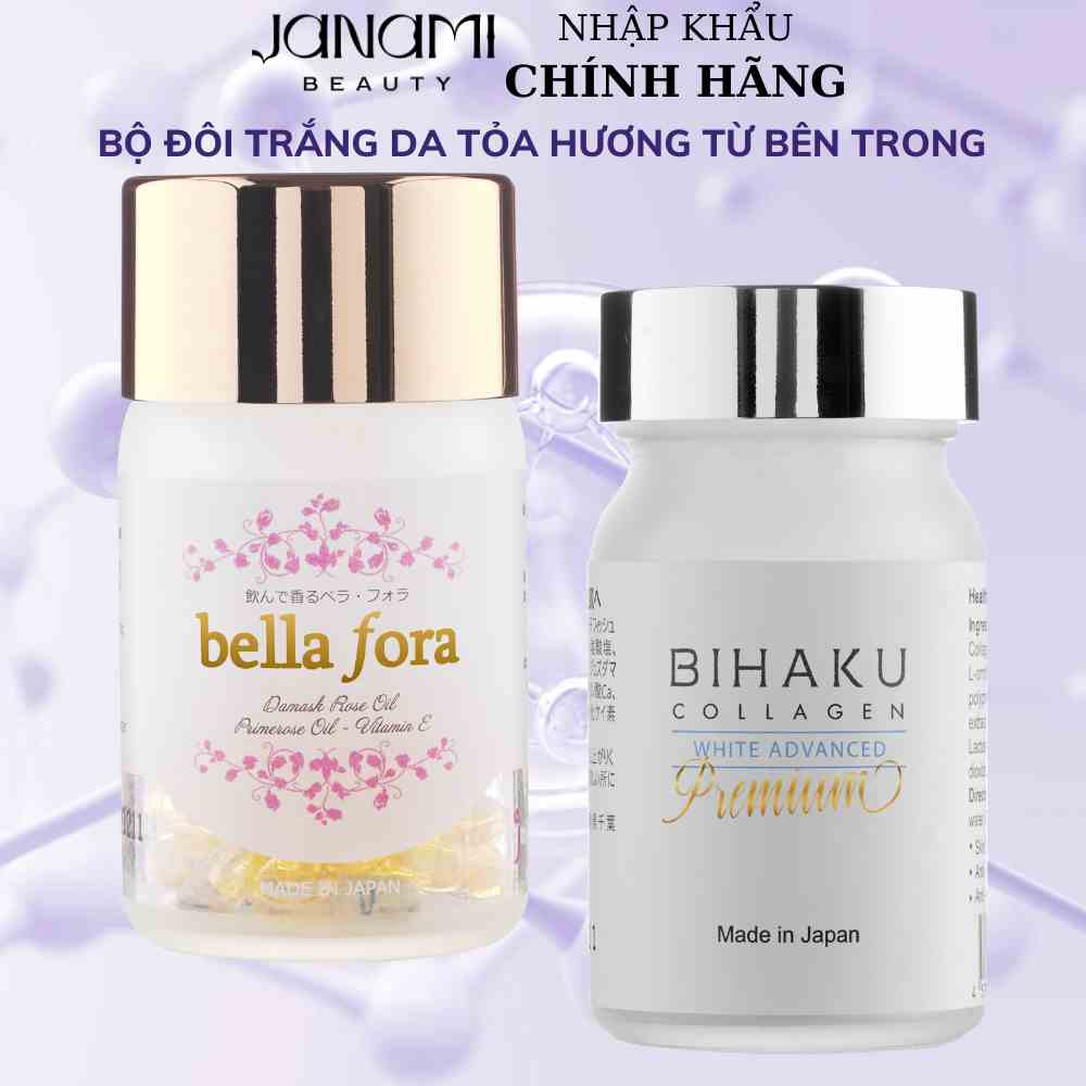 Viên uống dưỡng trắng mờ nám nội sinh Nhật Bản và cải thiện nội tiết tố nữ Bella Fora 35v và Bihaku Collagen 30v