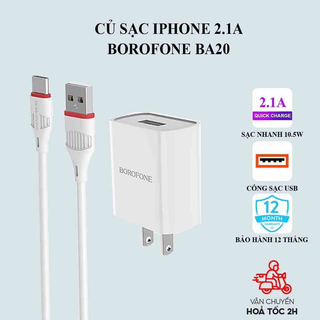 Sạc samsung, androi Borofone BA20 - Bộ sạc 2.1A USB to Type-C tương thích các dòng máy Android