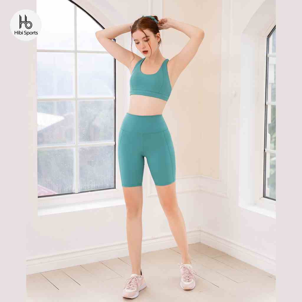 Set đồ tập yoga gym Luxury Hibi Sports H143, quần đùi lưng cao, size mới, màu Xanh kèm mút ngực, vải cao cấp Lu Fabric