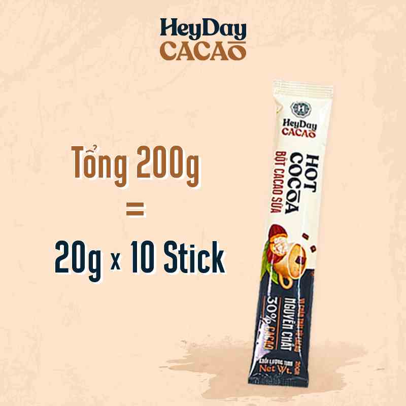 [Tổng 200g] Bột Cacao Sữa Heyday - Đậm vị chân thật từ cacao nguyên chất - Combo 10 gói tiện lợi 20g