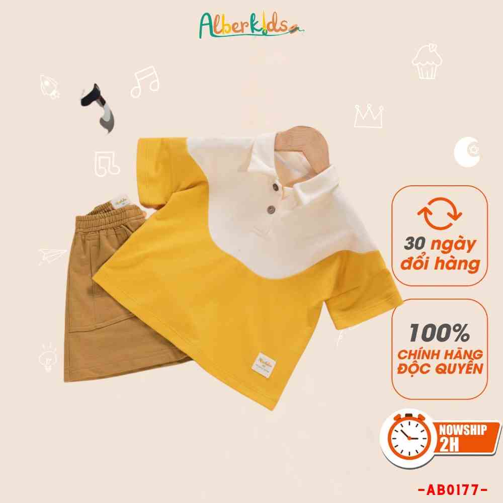 Áo polo bé trai Alberkids phối 2 màu trắng vàng cho trẻ em 5,6,7,8,9,10,11,12 tuổi AB0177