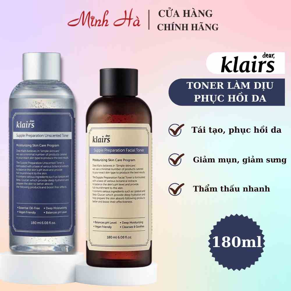 Nước hoa hồng Klairs không mùi Supple Preparation Unscented Toner 180ml dưỡng ẩm mềm da