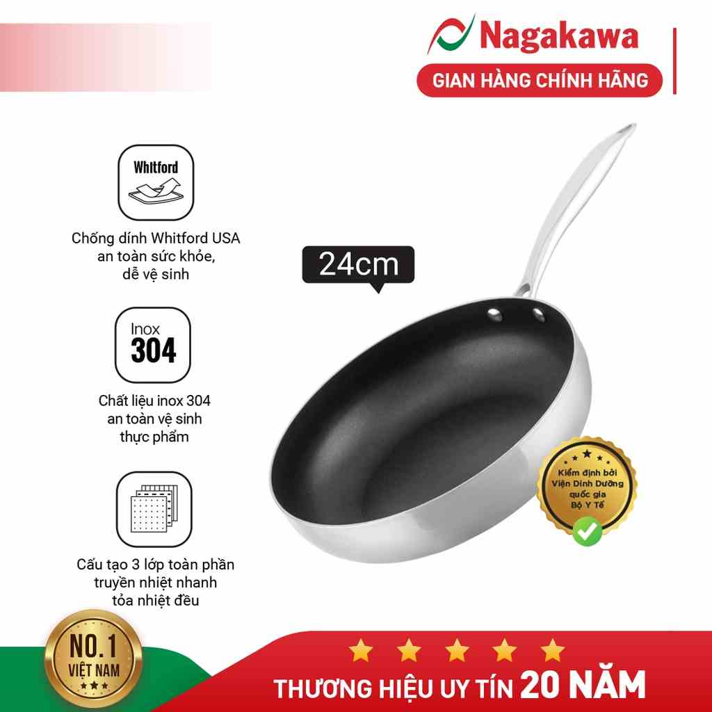 [Mã ELBAU10 giảm 10% đơn 500K] Chảo inox chống dính Nagakawa Natsu NAG2403 / NAG2001