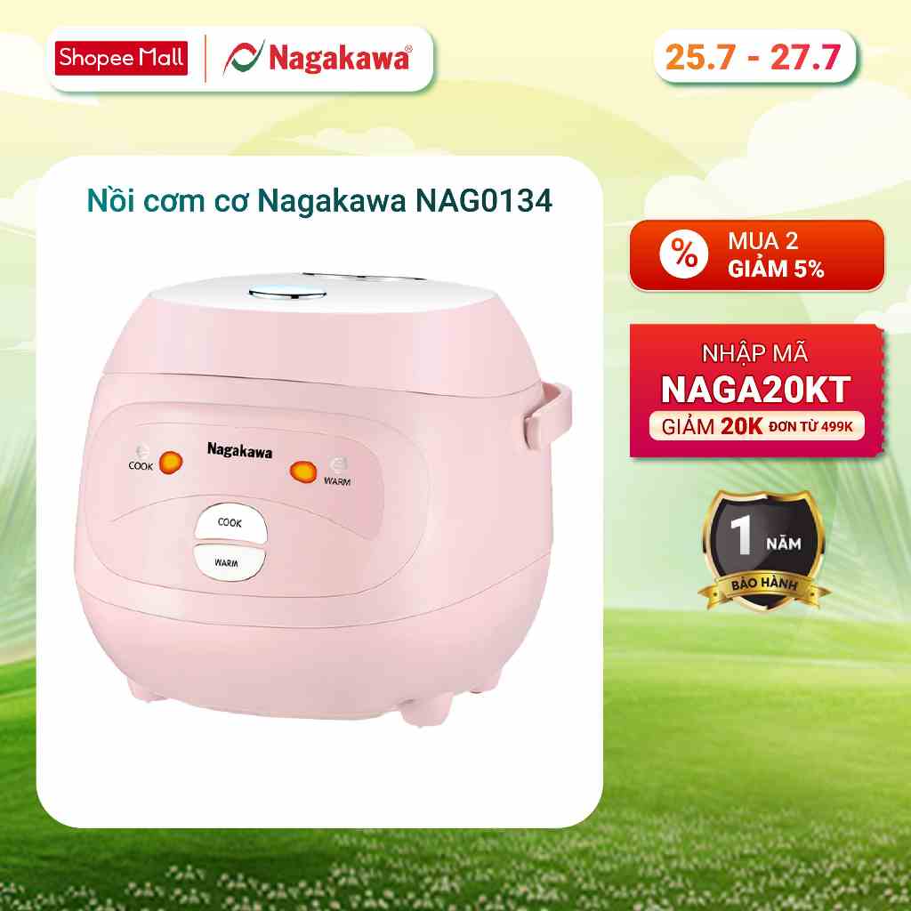 Nồi cơm điện 1L Nagakawa NAG0134 (400W) - 2 chế độ - Lòng nồi dạng niêu chống dính - Bảo hành 12 tháng - Màu: Hồng Trắng