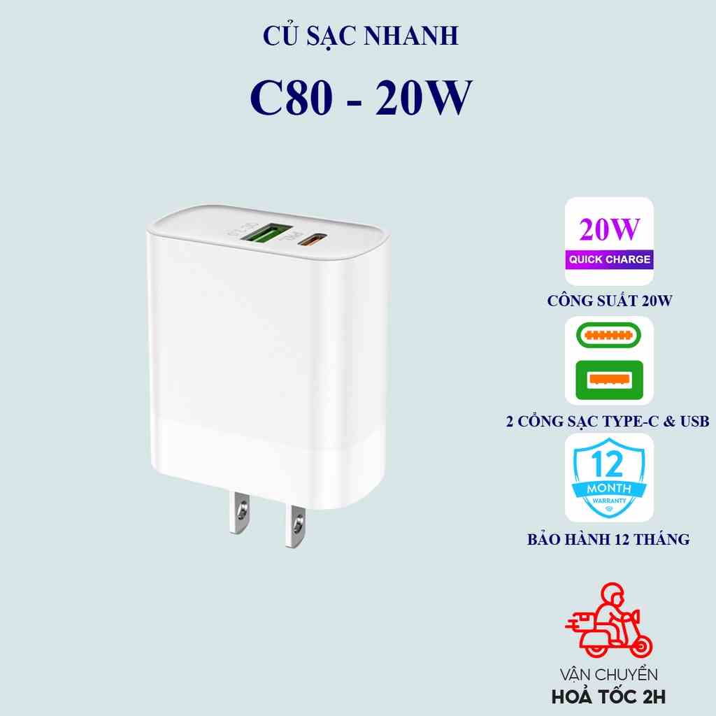 Củ sạc iphone Hoco C80/C80A 20W 2 cổng ra USB / Type-C dành cho iPhone, Android