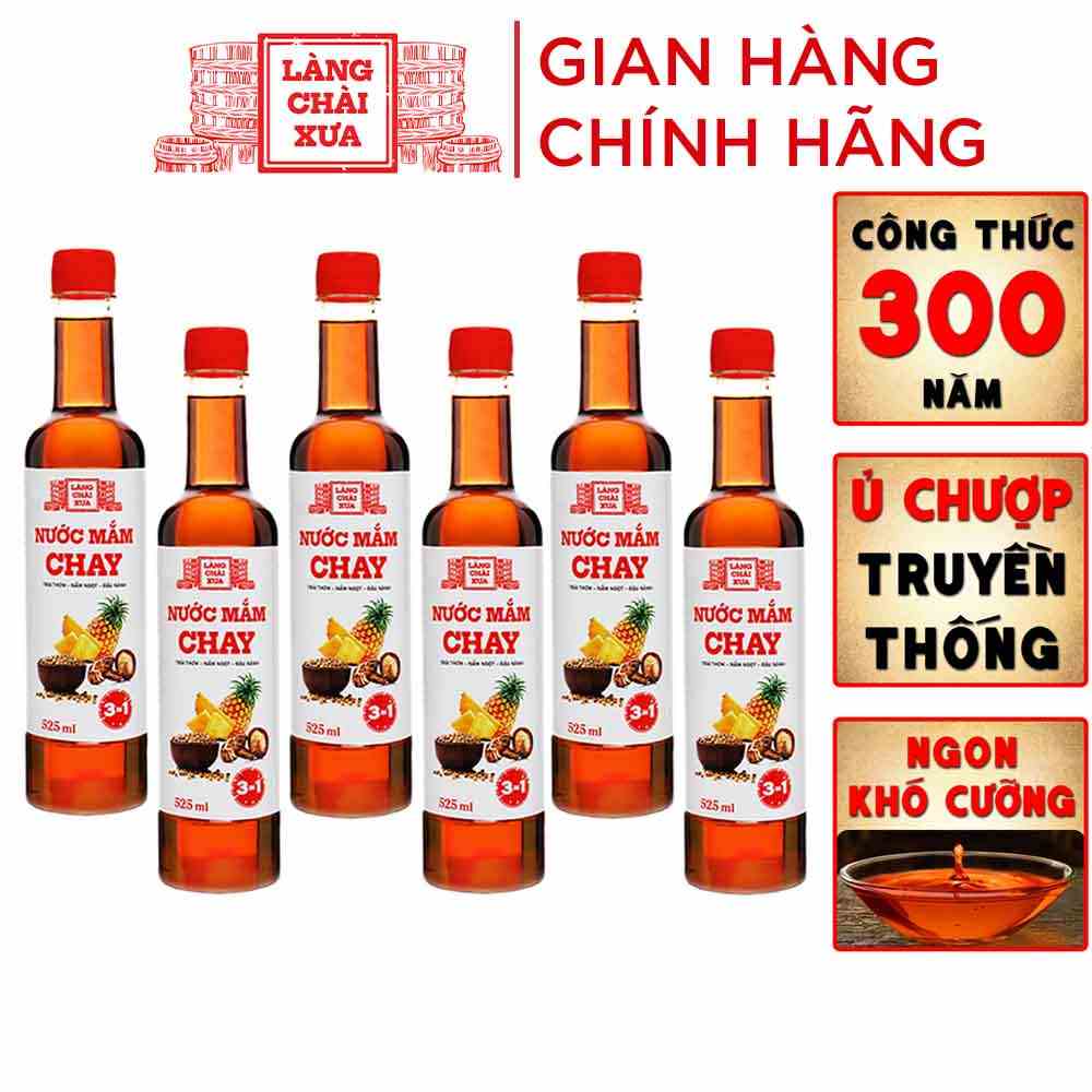 Thùng 6 chai nước mắm CHAY 3 trong 1 Làng Chài Xưa 525ml trái thơm nấm ngọt đậu nành 300 năm truyền thống