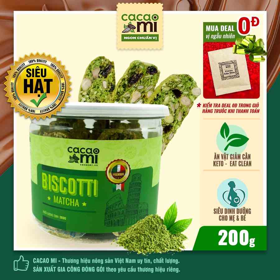 Bánh Biscotti Matcha Trà Xanh CACAOMI siêu hạt dinh dưỡng, hỗ trợ ăn vặt giảm cân, ăn kiêng healthy hũ 200g