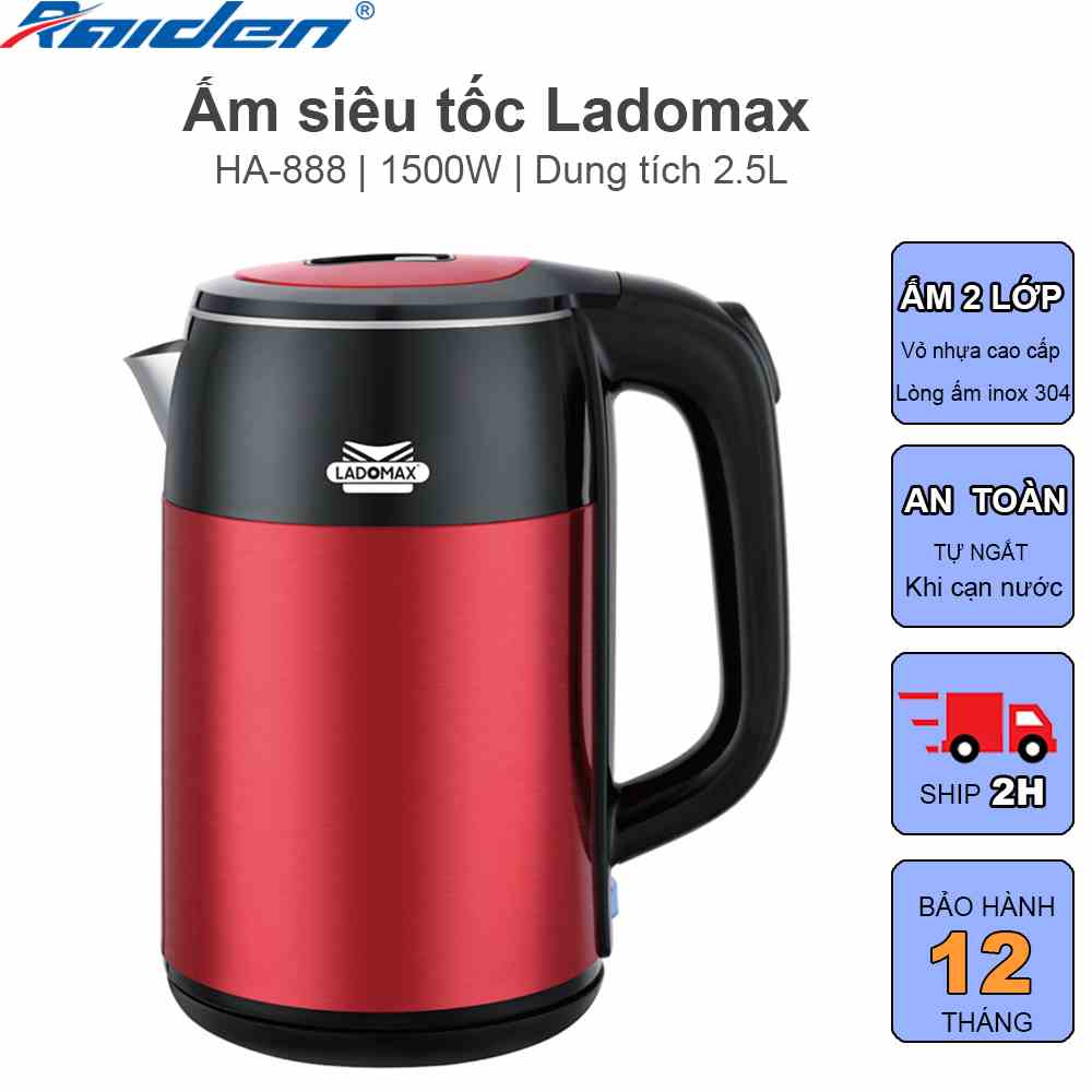 [HÀNG CHÍNH HÃNG] Ấm siêu tốc 2 lớp Ladomax HA-888 lòng ấm bằng inox 304 nguyên khối, đun nước sôi cực nhanh