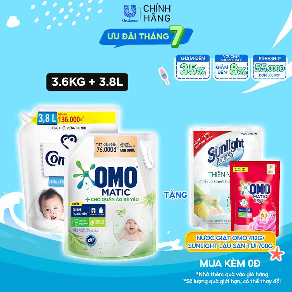 Combo Túi Nước Giặt Omo Matic Baby 3.6kg + Nước xả vải Comfort Cho Da Nhạy Cảm Túi 3.8L