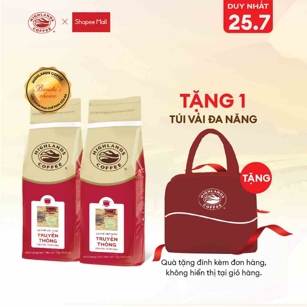 MUA 2 TẶNG 1 - Combo 2 Túi Cà Phê Bột Truyền Thống Highlands Coffee 1kg Tặng Túi vải đa năng