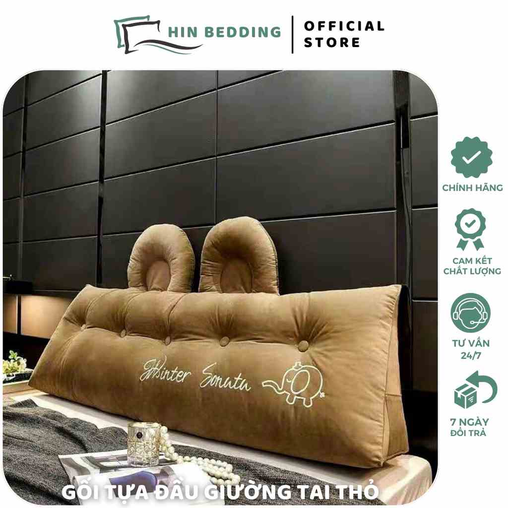 Gối Tựa Đầu Giường HIN BEDDING Mẫu Tai Gấu Đính Khuy Bọc Nỉ Cao Cấp Hàng Có Sẵn Kích Thước 1m5 và 1m8 cao 55cm