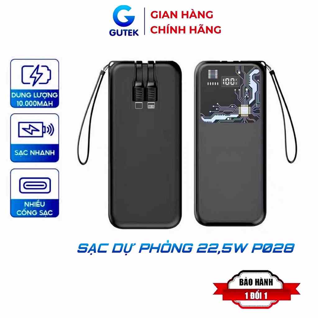 Sạc dự phòng sạc nhanh 22,5w dung lượng pin 10000mah tích hợp dây cáp Type-C ip - Gutek P028