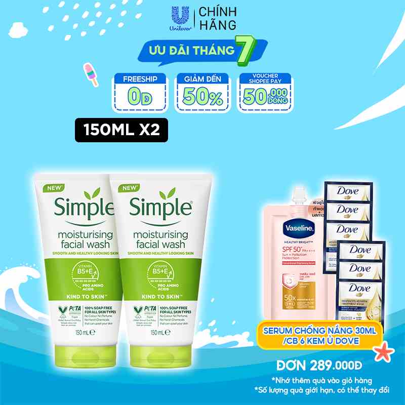 Combo 2 Sữa rửa mặt Simple sạch sâu hiệu quả - cho da thường 150ml/chai [CHÍNH HÃNG ĐỘC QUYỀN] [DIỆN MẠO MỚI]