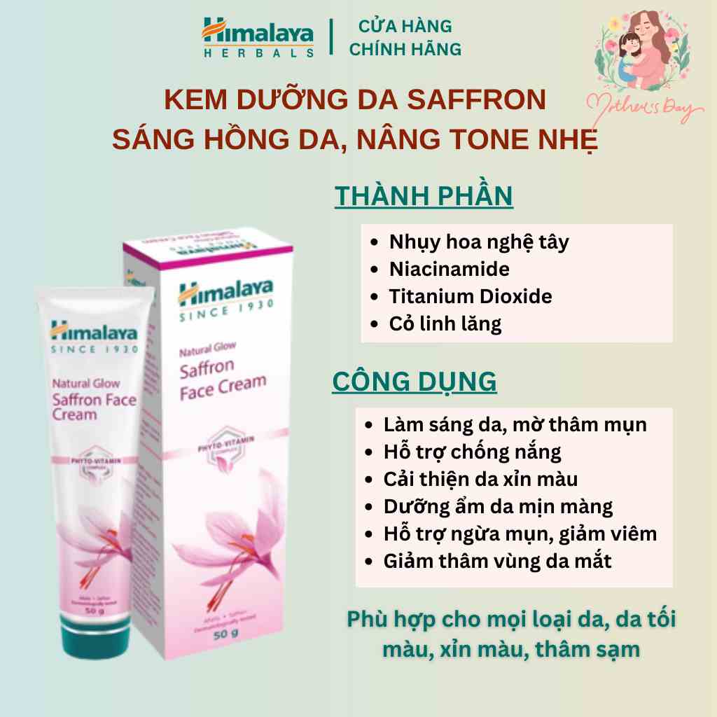 Kem dưỡng sáng da nâng tông chiết xuất nghệ tây Himalaya Natural Glow Saffron Face Cream 50g