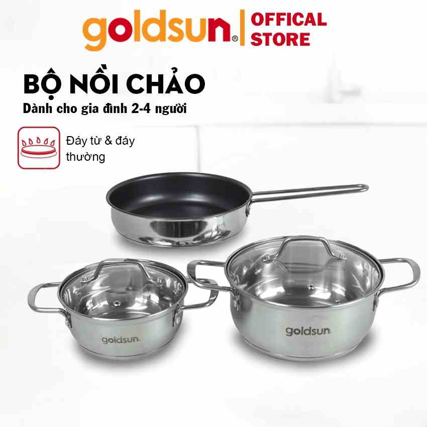 Bộ nồi inox goldsun GPS1790 Goldsun 2 nồi và 1 chảo cỡ trung bình, đáy từ 3 lớp phủ chống dính sử dụng trên mọi loại bếp