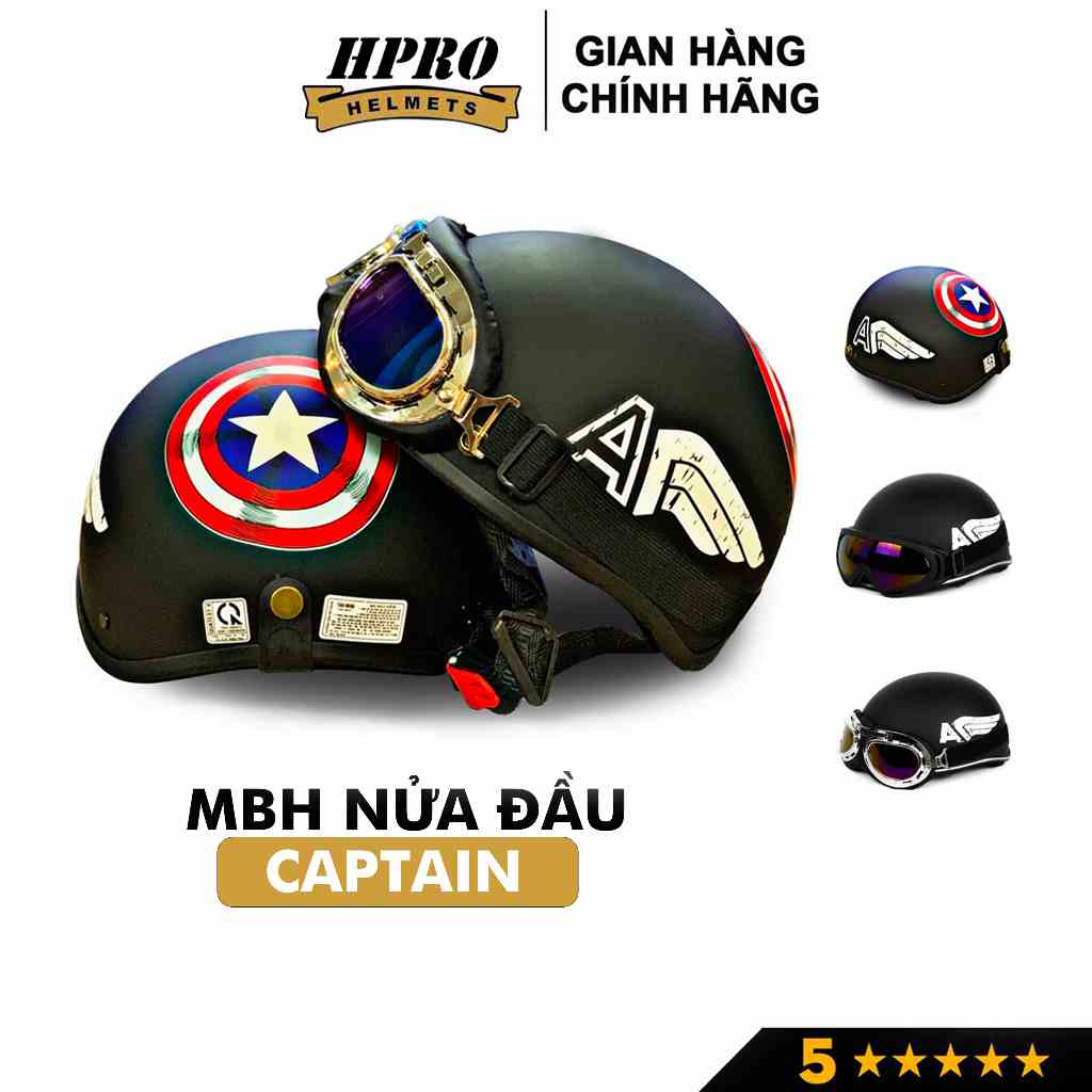 Mũ bảo hiểm nửa đầu 1/2 đạt chuẩn chất lượng, họa tiết Captain mạnh mẽ, kèm kính UV, phi công, Freesize (55-59cm)