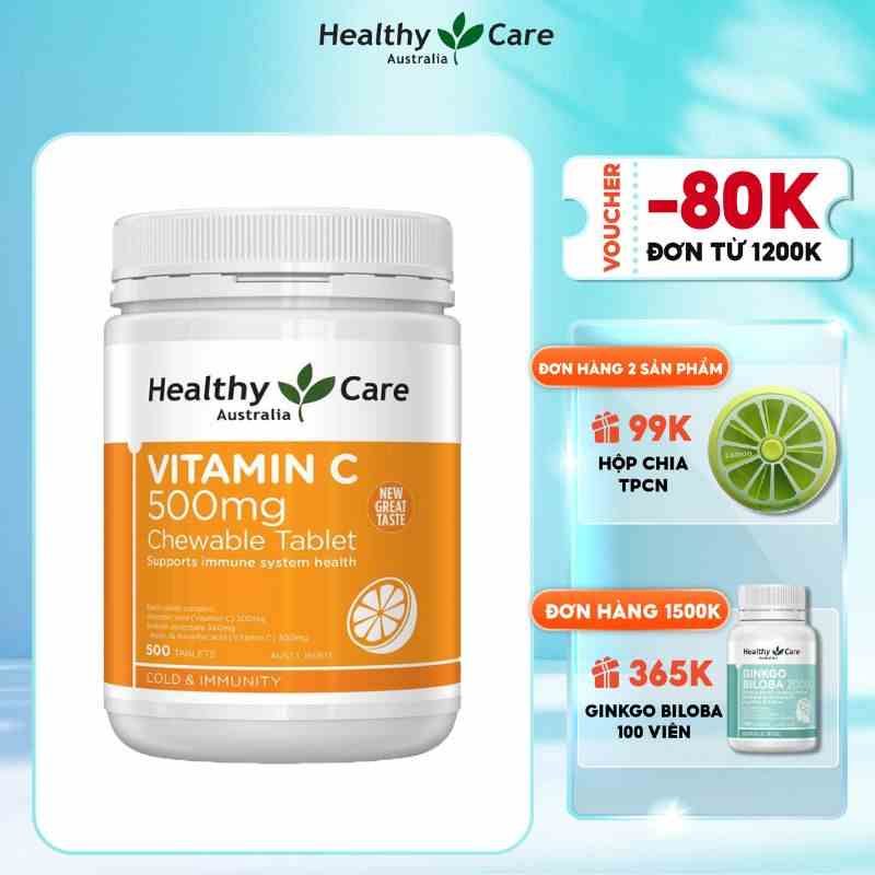 Viên nhai Vitamin C Healthy Care giúp tăng cường đề kháng, hỗ trợ sức khỏe và làm đẹp da 500 viên