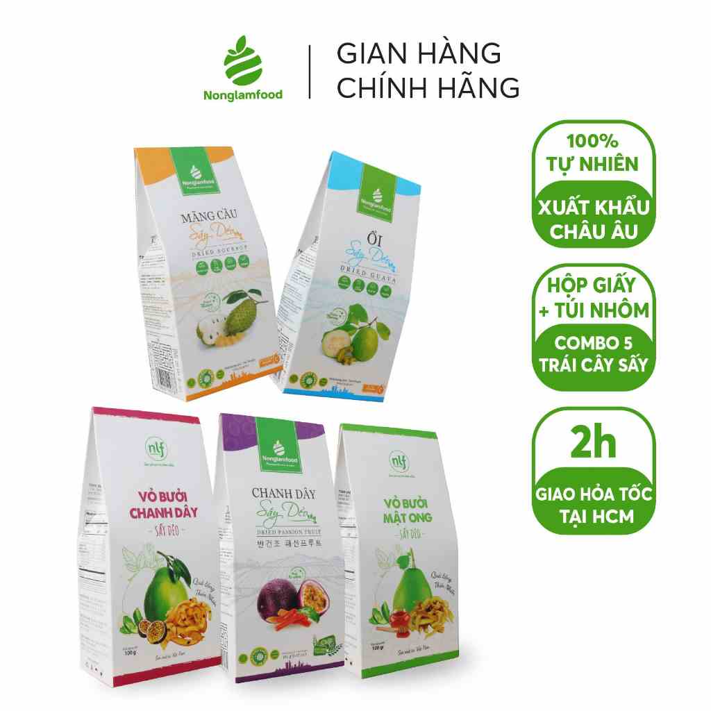 Combo Giàu chất xơ - 5 Hộp trái cây sấy Nonglamfood | Siêu Khoáng Chất | Tăng sức đề kháng | Hỗ trợ giảm cân