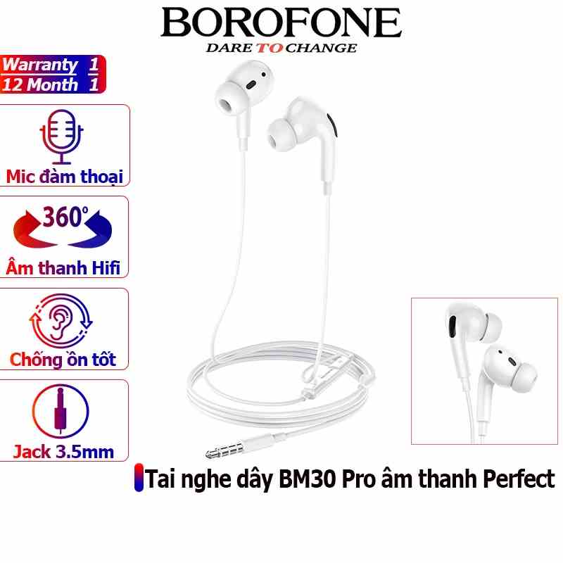 Tai nghe nhét tai BOROFONE BM30 PRO Jack cắm 3.5mm nghe hay có mic đàm thoại, dây dài 1.2m - Chính hãng