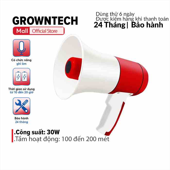 Loa Phóng Thanh 35W GrownTech nghe nhạc công suất lớn chức năng ghi âm Megaphone cầm tay, ghi âm pin chuẩn