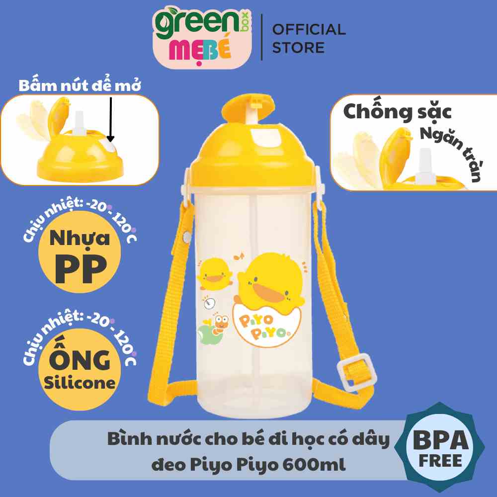 [Mã BMLTA35 giảm đến 35K đơn 99K] Bình nước cho bé đi học có dây đeo Piyo Piyo 600ml, bấm nút để mở, ống hút chống tràn