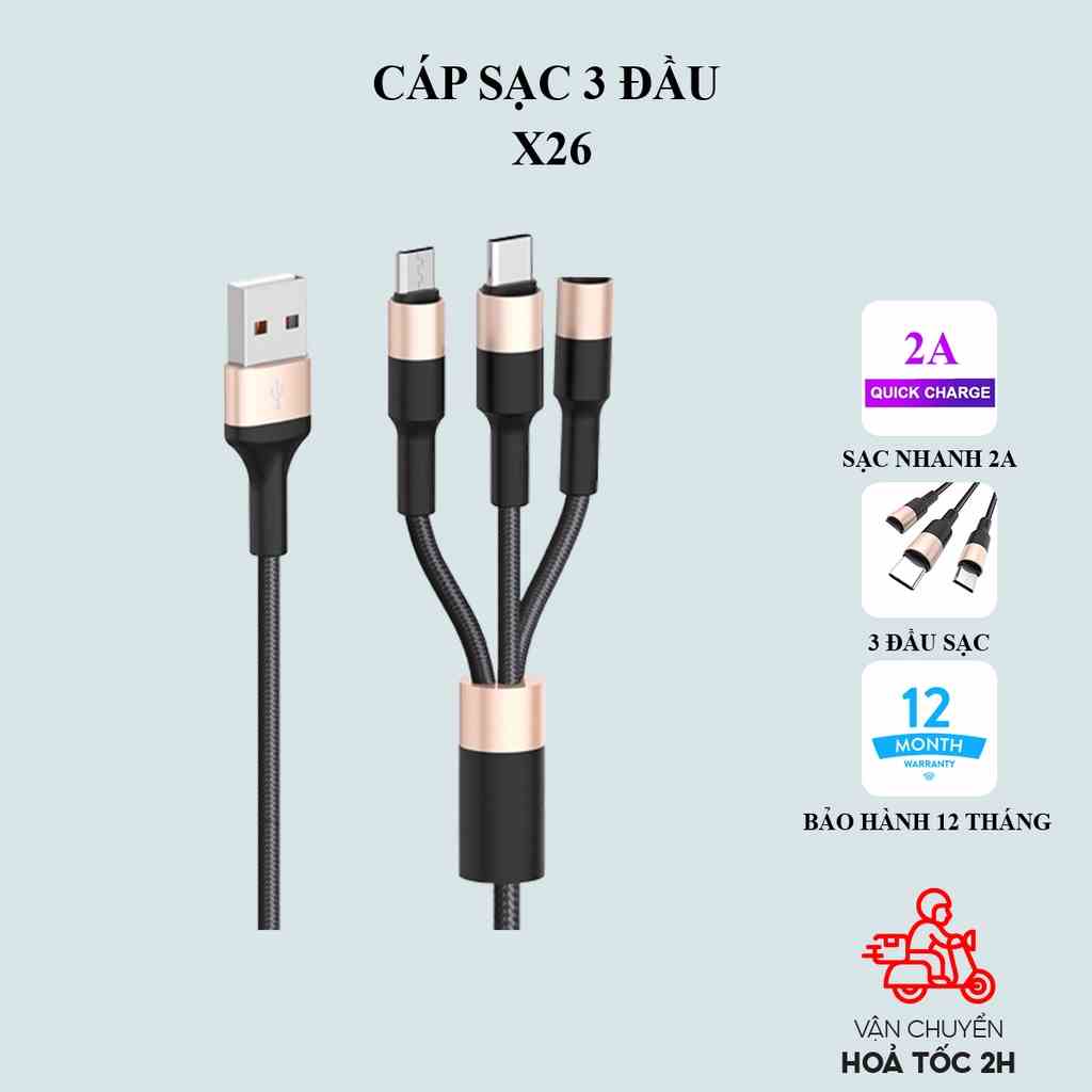 Dây cáp sạc nhanh 3 đầu đa năng Hoco X26 3-in-1 bọc dù chống đứt gãy, hỗ trợ truyền dữ liệu, dòng sạc 2A, dài 1 mét