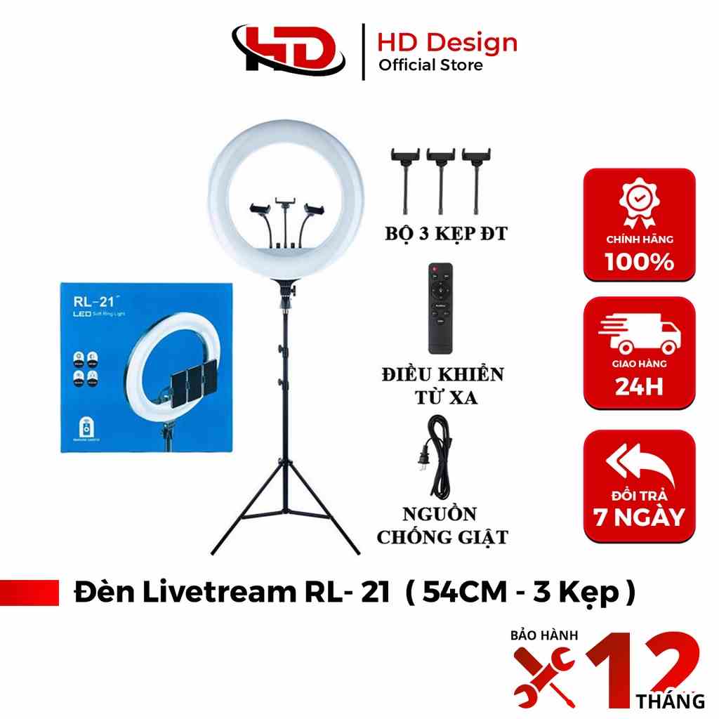 Bộ Đèn Livestream RL21 Size 54cm + Chân Đèn + Kẹp Điện Thoại - Cực Chắc Chắn- Hỗ trợ Makeup Quay TikTok