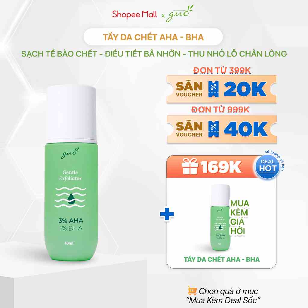 [Giảm mụn ẩn, đầu đen] Tẩy Tế Bào Chết AHA 3% & BHA 1% Gentle Exfoliator GUO 40ml