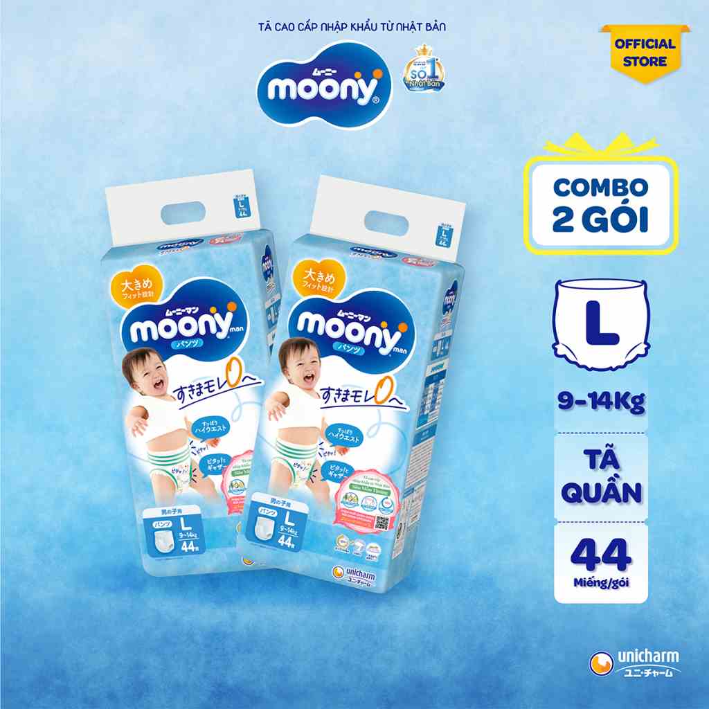 Combo 2 Tã quần cao cấp Moony Bé Trai L44/XL38/XXL26 - Nhập khẩu Nhật Bản