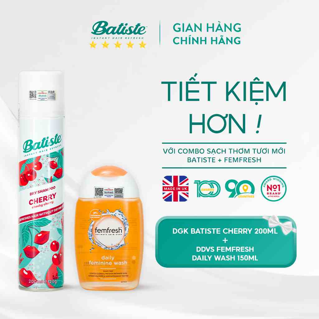 Combo 1 Dầu Gội Khô Batiste Cherry 200ml +1 Dung Dịch Vệ Sinh Femfresh Dùng Hàng Ngày 150ml (Cherry +DDVS Cam150)