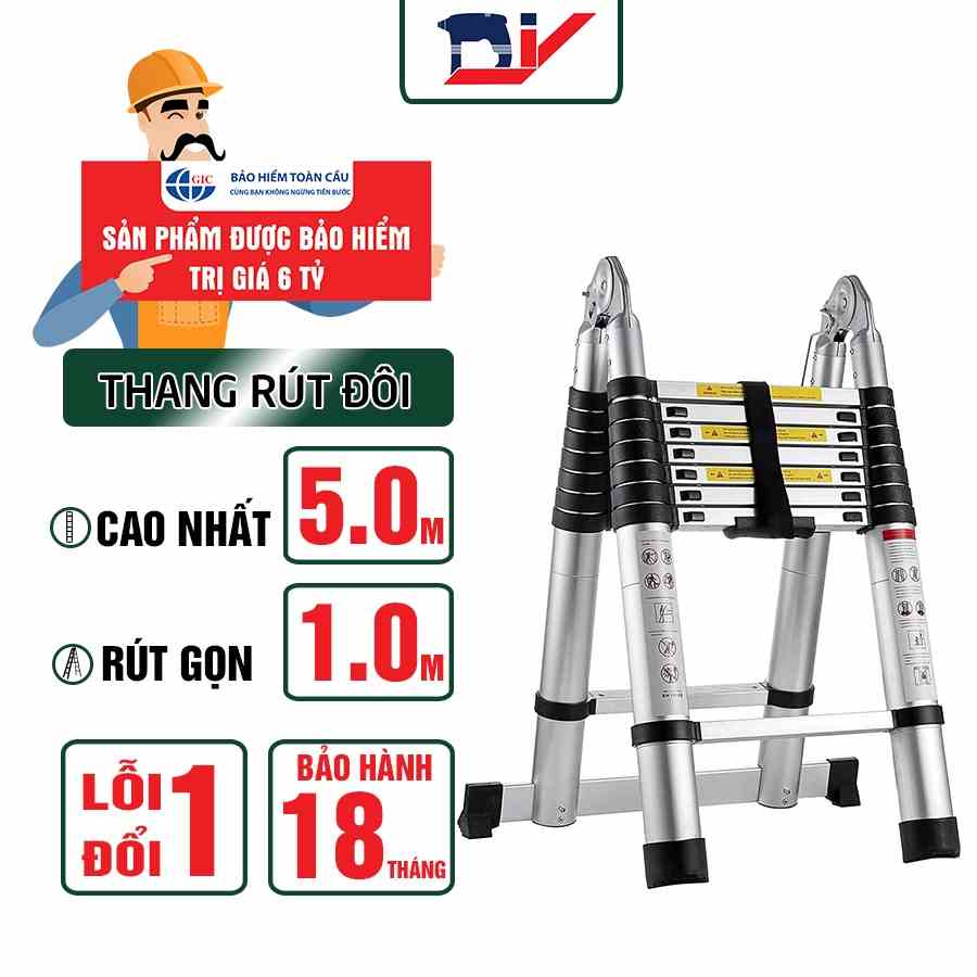 [HỎA TỐC 2H HCM] Thang nhôm rút đôi DIY TL-AI-50 chiều cao tối đa sử dụng chữ A 2.5m chữ I 5.0m