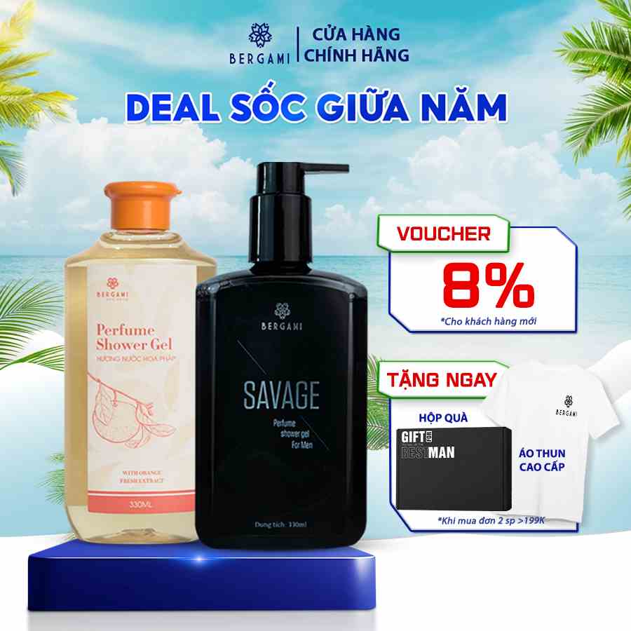 Combo Sữa Tắm Nước Hoa Nam Bergami Savage 330ml/chai và Sữa Tắm Nữ Vitamin C, Lưu Hương 6H 330ml/chai